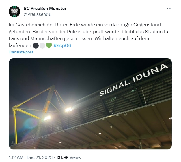 球場(chǎng)出現(xiàn)不明爆炸物:明斯特VS多特2隊(duì)德丙比賽被迫推遲